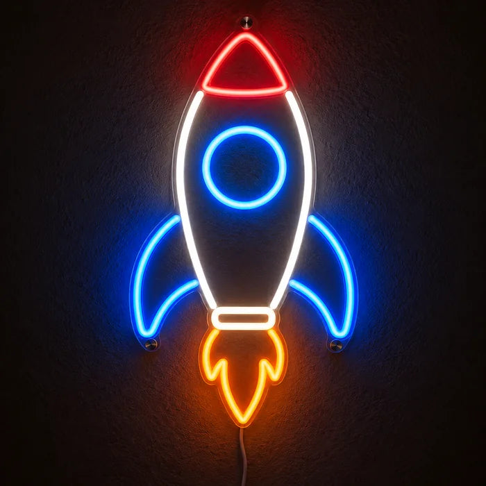 Retro Rocket Neon LED Sign glowing on a dark wall, close-up with connection cable