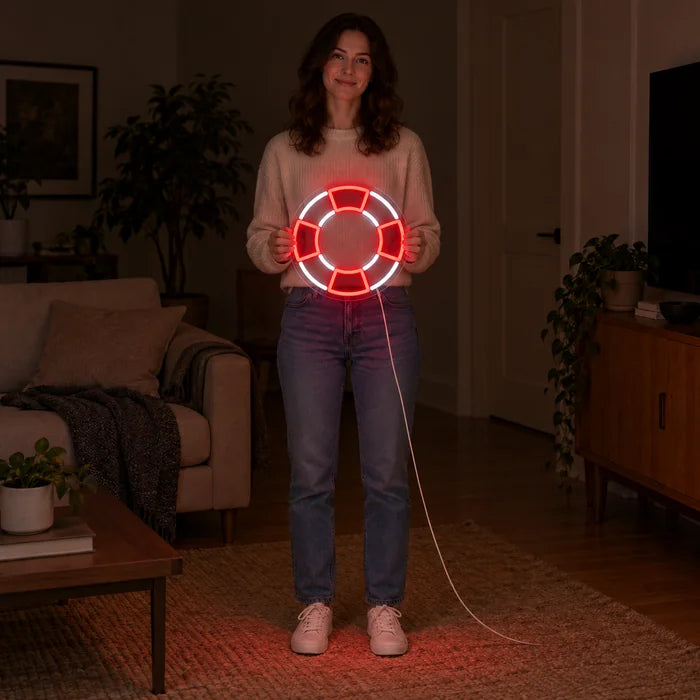 لافتة نيون LED طوق النجاة، تحملها امرأة، تُظهر الحجم مقارنة بالجسم