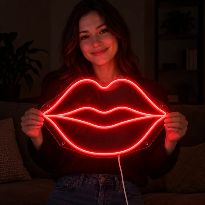 Red Lips Neon LED Sign held by a smiling woman against a dark background