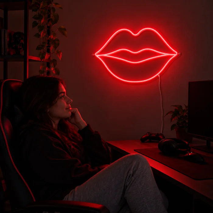Red Lips Neon LED Sign above a gaming desk, a gamer in a gaming chair in front of it