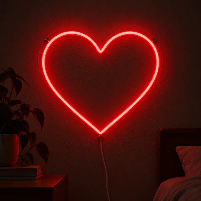 Red Heart Neon LED Sign glowing on a dark wall, close-up with connection cable