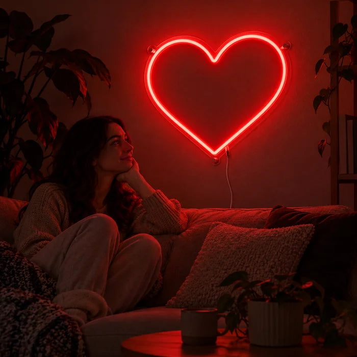 Red Heart Neon LED Sign on a living room wall, a person relaxing on the sofa in front of it