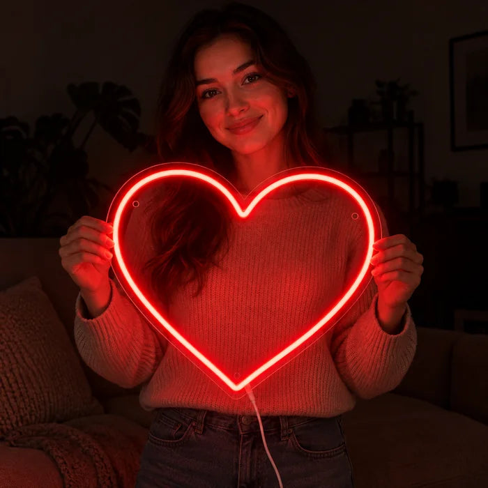 Red Heart Neon LED Sign held by a smiling woman against a dark background