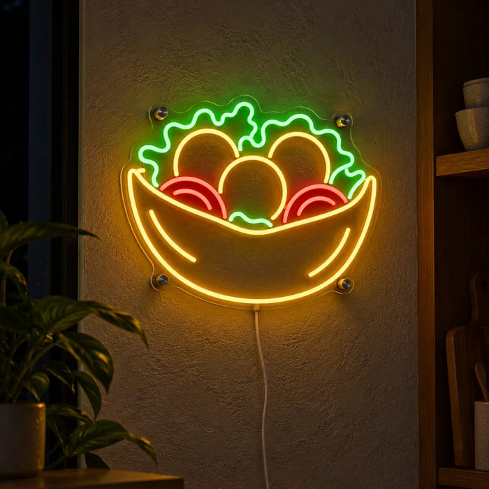 Salad Bowl Neon LED Sign glowing on a dark wall, close-up with connection cable