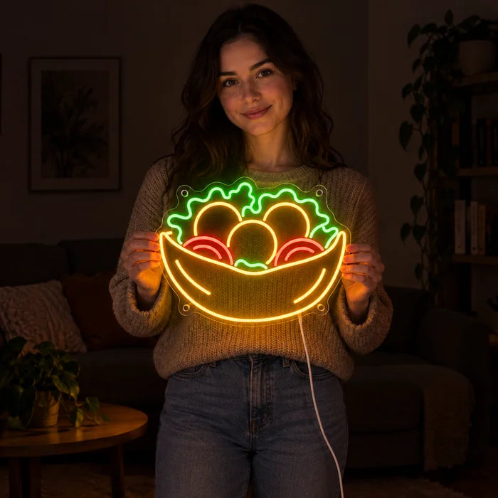 Salad Bowl Neon LED Sign held by a woman, showing its size compared to her body