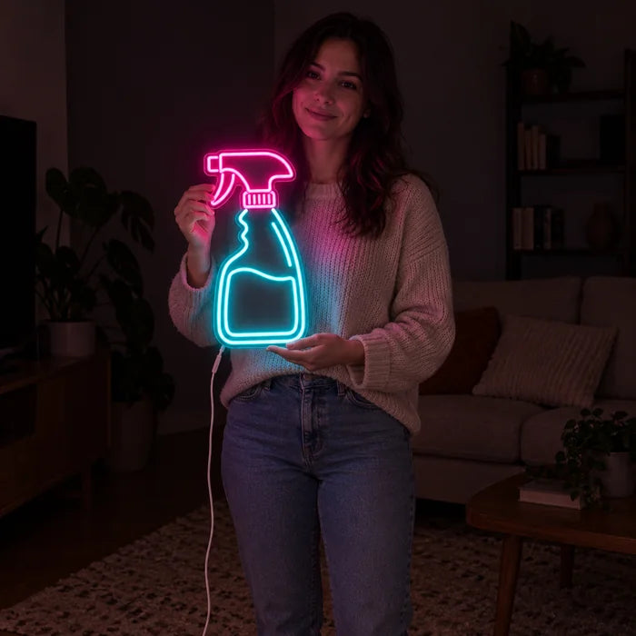 Clean Magic Neon LED Sign held by a woman, showing its size compared to her body