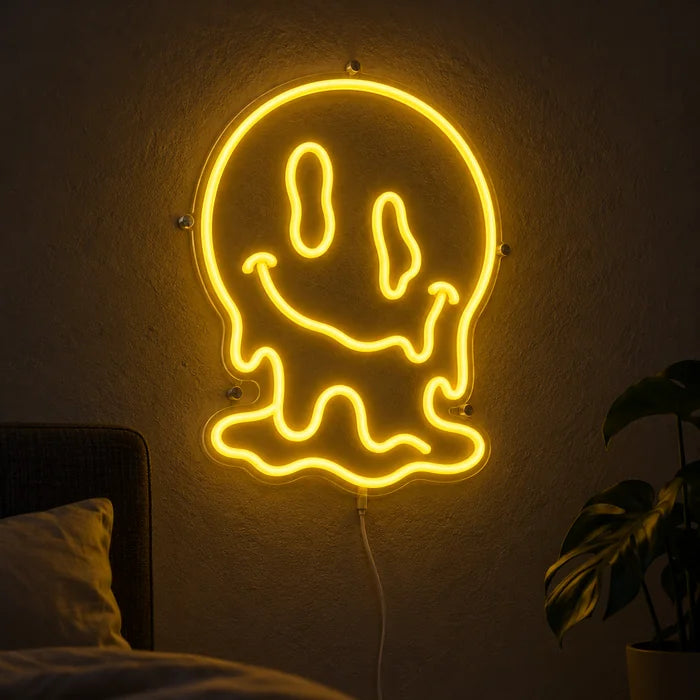 Melting Skull Neon LED Sign glowing on a dark wall, close-up with connection cable