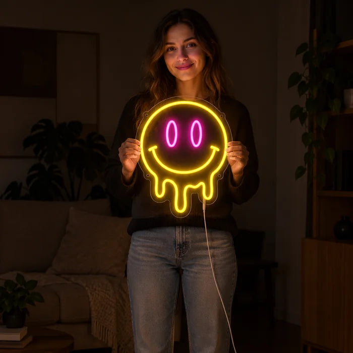 Melting Smiley Neon LED Sign held by a woman, showing its size compared to her body