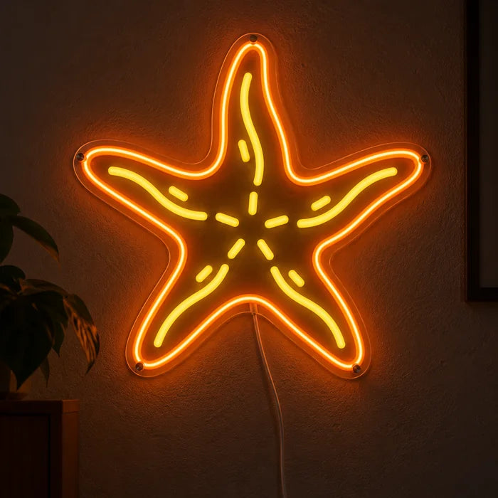 Starfish Neon LED Sign glowing on a dark wall, close-up with connection cable
