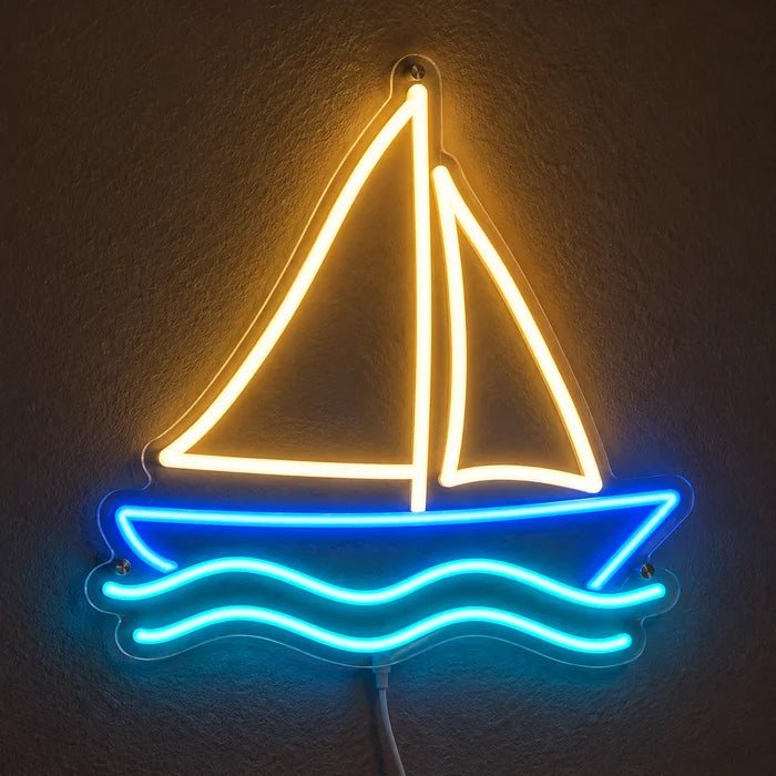 Sailing Boat Neon LED Sign glowing on a dark wall, close-up with connection cable
