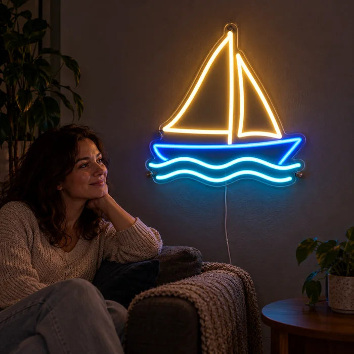 Sailing Boat Neon LED Sign on a living room wall, a person relaxing on the sofa in front of it