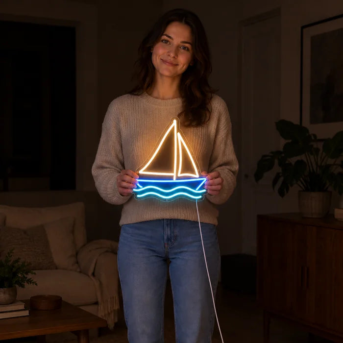 Sailing Boat Neon LED Sign held by a woman, showing its size compared to her body