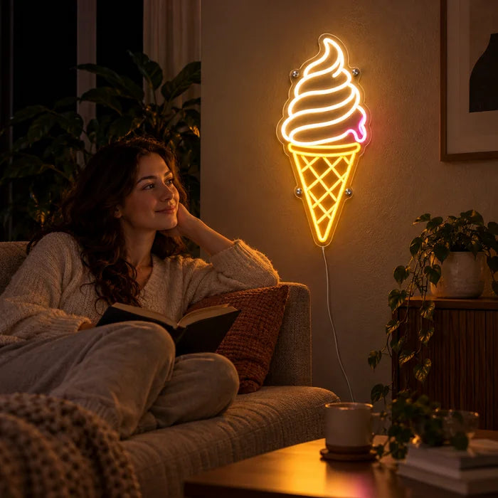 Soft Serve Ice Cream Neon LED Sign on a living room wall, a person relaxing on the sofa in front of it