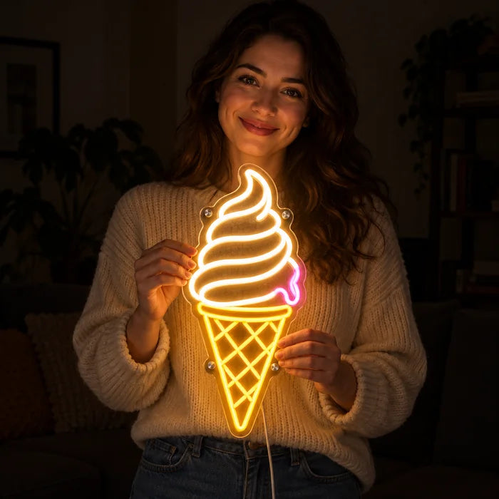 Soft Serve Ice Cream Neon LED Sign held by a smiling woman against a dark background