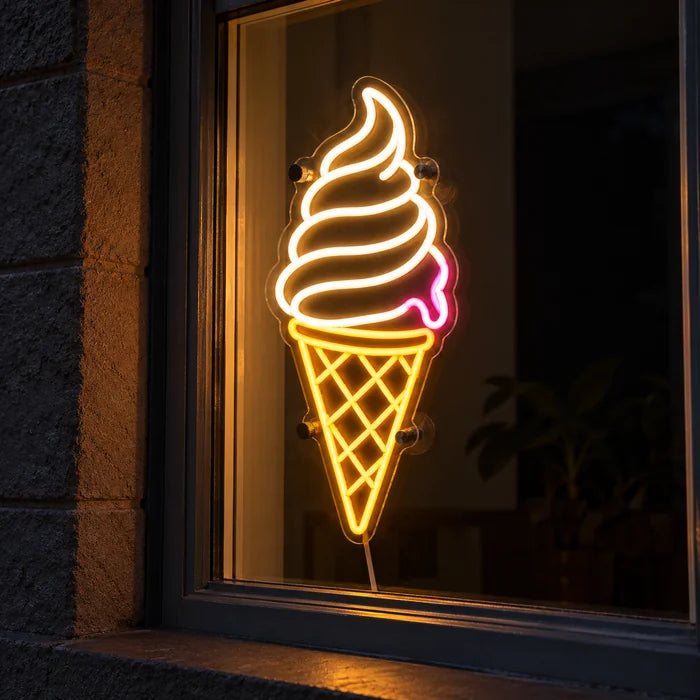 Soft Serve Ice Cream Neon LED Sign in a window, seen from the street at night