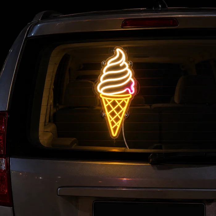 Soft Serve Ice Cream Neon LED Sign on the rear window of a car at night