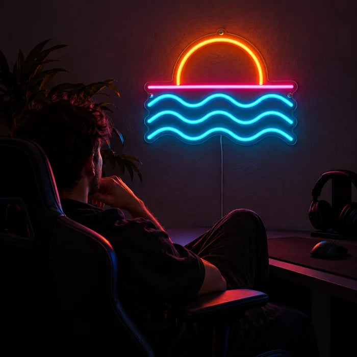 Auringonlasku meren yllä neon LED -kyltti pelipöydän yläpuolella, edessä pelaaja pelituolissa
