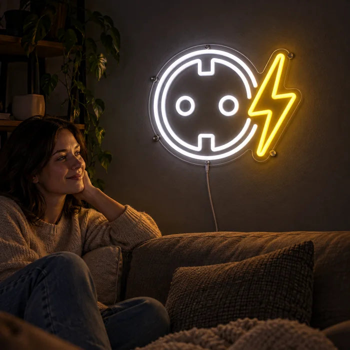 Socket with Lightning Bolt Neon LED Sign on a living room wall, a person relaxing on the sofa in front of it
