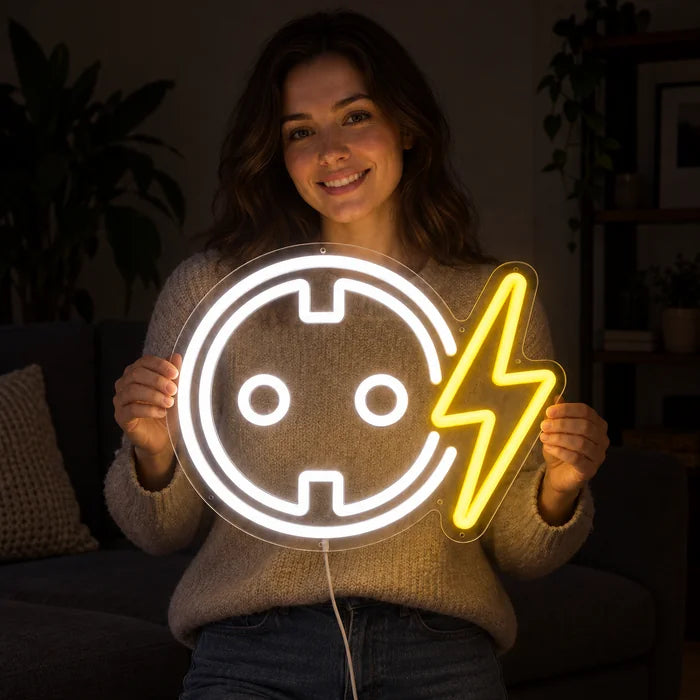 Socket with Lightning Bolt Neon LED Sign held by a smiling woman against a dark background