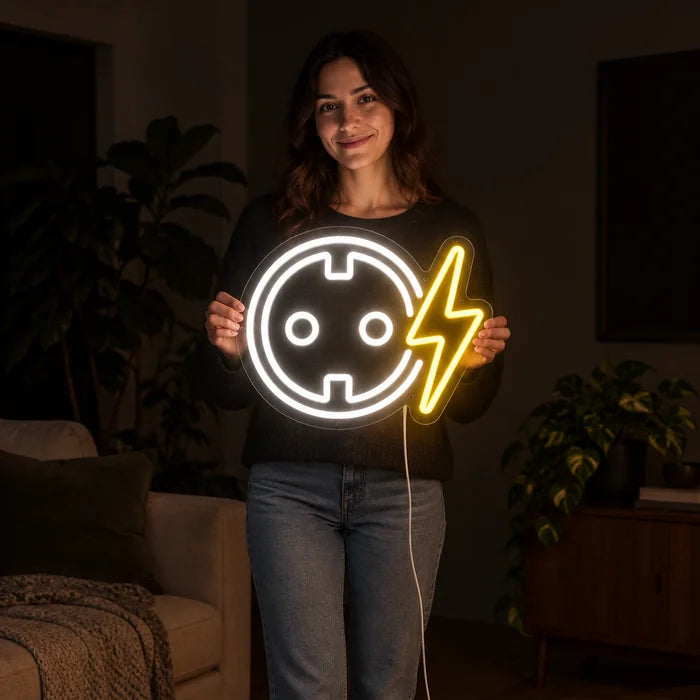 Socket with Lightning Bolt Neon LED Sign held by a woman, showing its size compared to her body