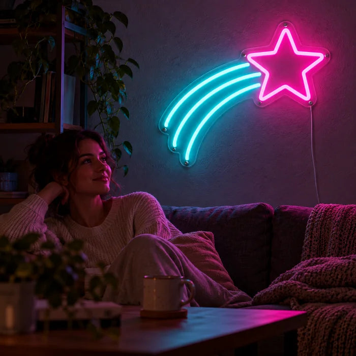 Shooting Star Neon LED Sign on a living room wall, a person relaxing on the sofa in front of it