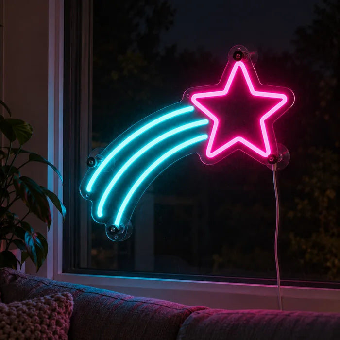 Shooting Star Neon LED Sign in the window of a cosy living room in the evening