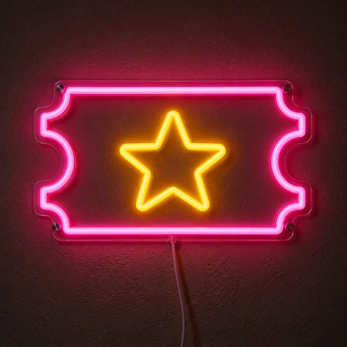 Star Ticket Neon LED Sign glowing on a dark wall, close-up with connection cable