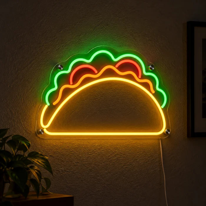 Taco Time Neon LED Sign glowing on a dark wall, close-up with connection cable