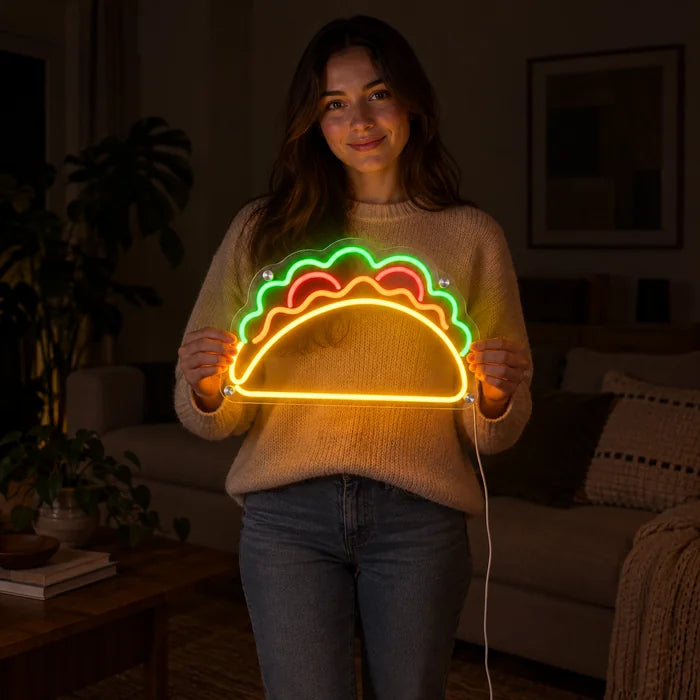 Taco Time Neon LED Sign held by a woman, showing its size compared to her body