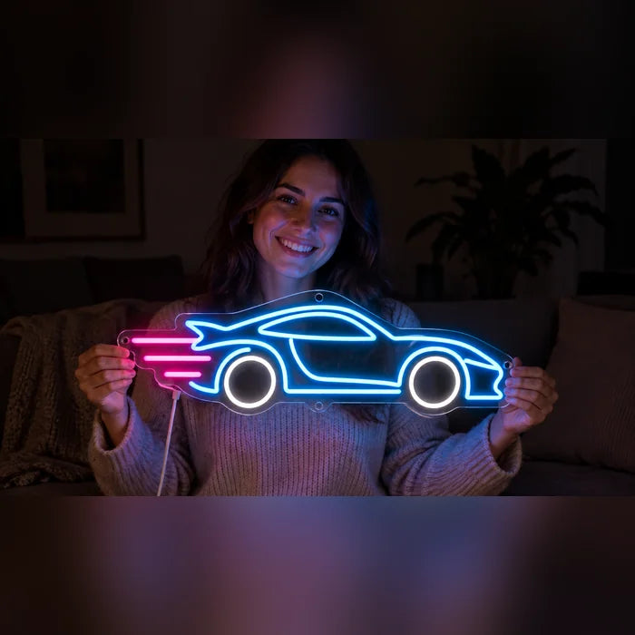 Speed Roadster Neon LED Sign held by a smiling woman against a dark background