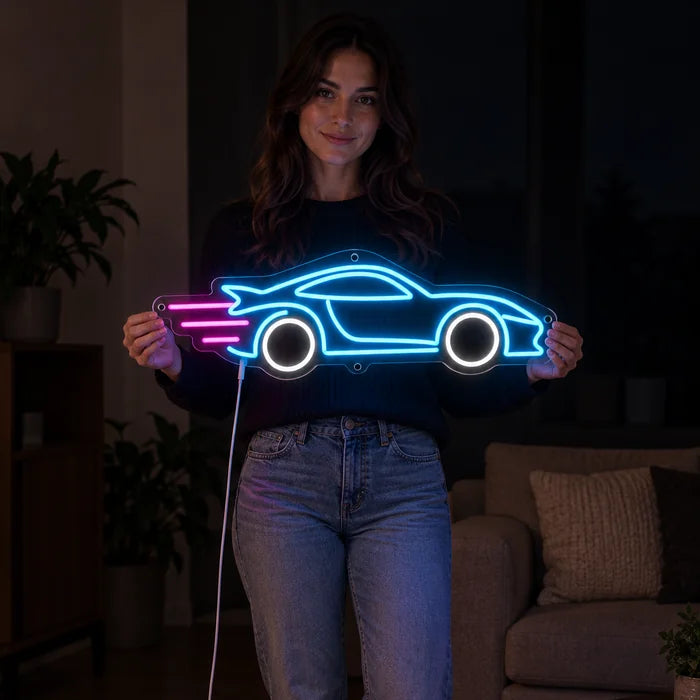 Speed Roadster Neon LED Sign held by a woman, showing its size compared to her body