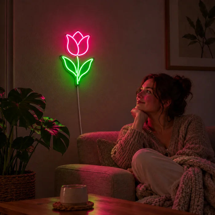 Tulip Neon LED Sign on a living room wall, a person relaxing on the sofa in front of it