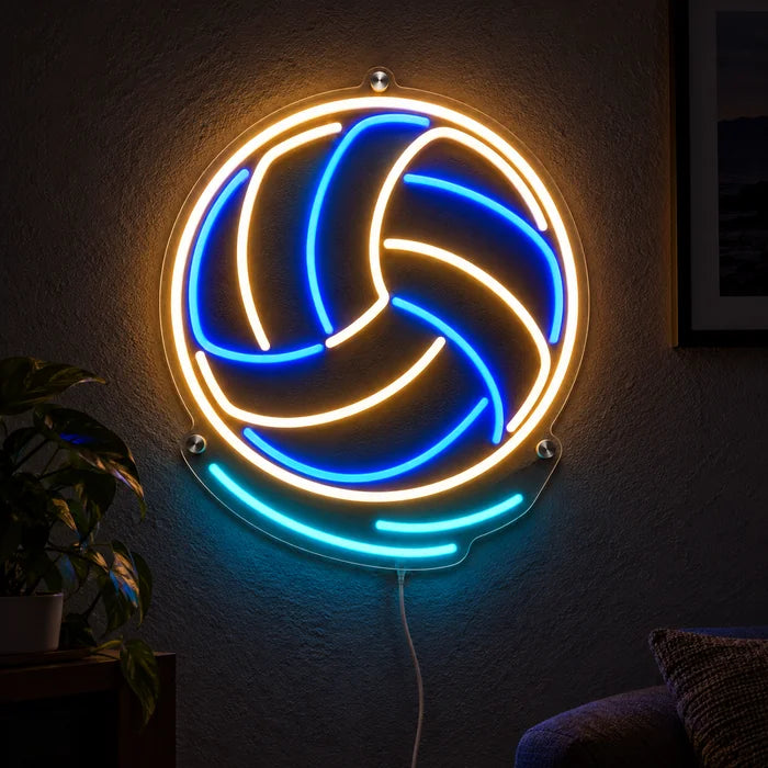 Volleyball Neon LED Sign glowing on a dark wall, close-up with connection cable