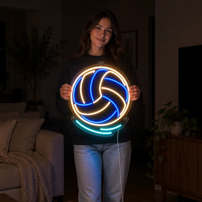 Volleyball Neon LED Sign held by a woman, showing its size compared to her body