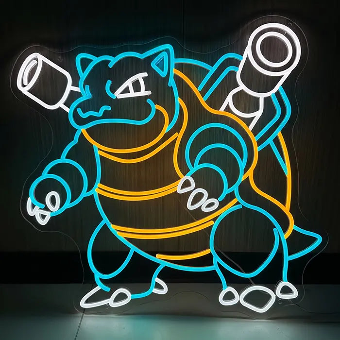 Pokémon Blastoise Neon LED Sign, Normal version, head-on against a dark background: body in blue, shell in orange, water cannons in white