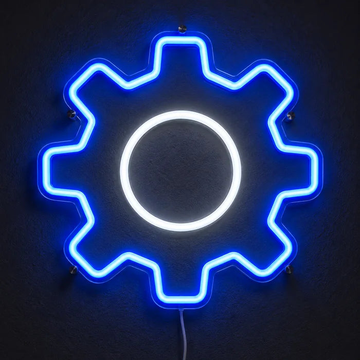 Gear Wheel Neon LED Sign glowing on a dark wall, close-up with connection cable